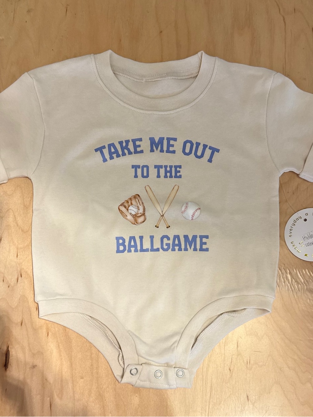 Cream Baseball Graphic Baby Bodysuit with Blue Lettering - Unbranded